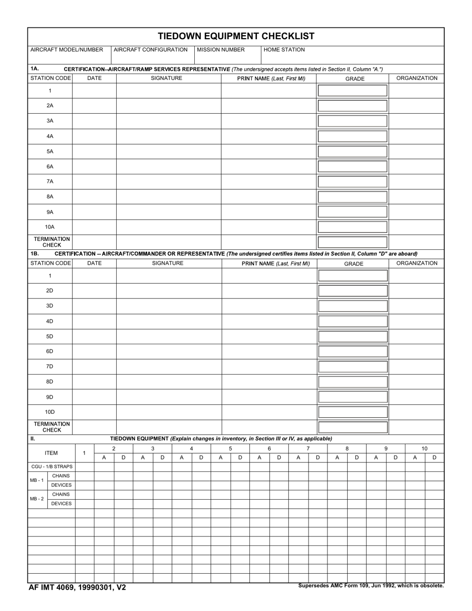 AF IMT Form 4069 Tiedown Equipment Checklist, Page 1