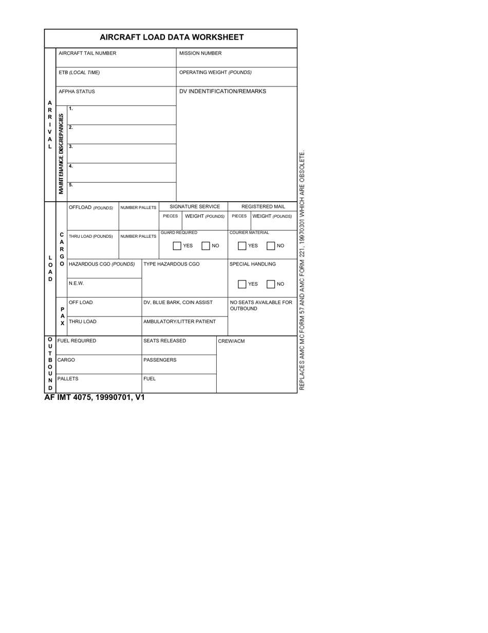 AF IMT Form 4075 Aircraft Load Data Worksheet, Page 1