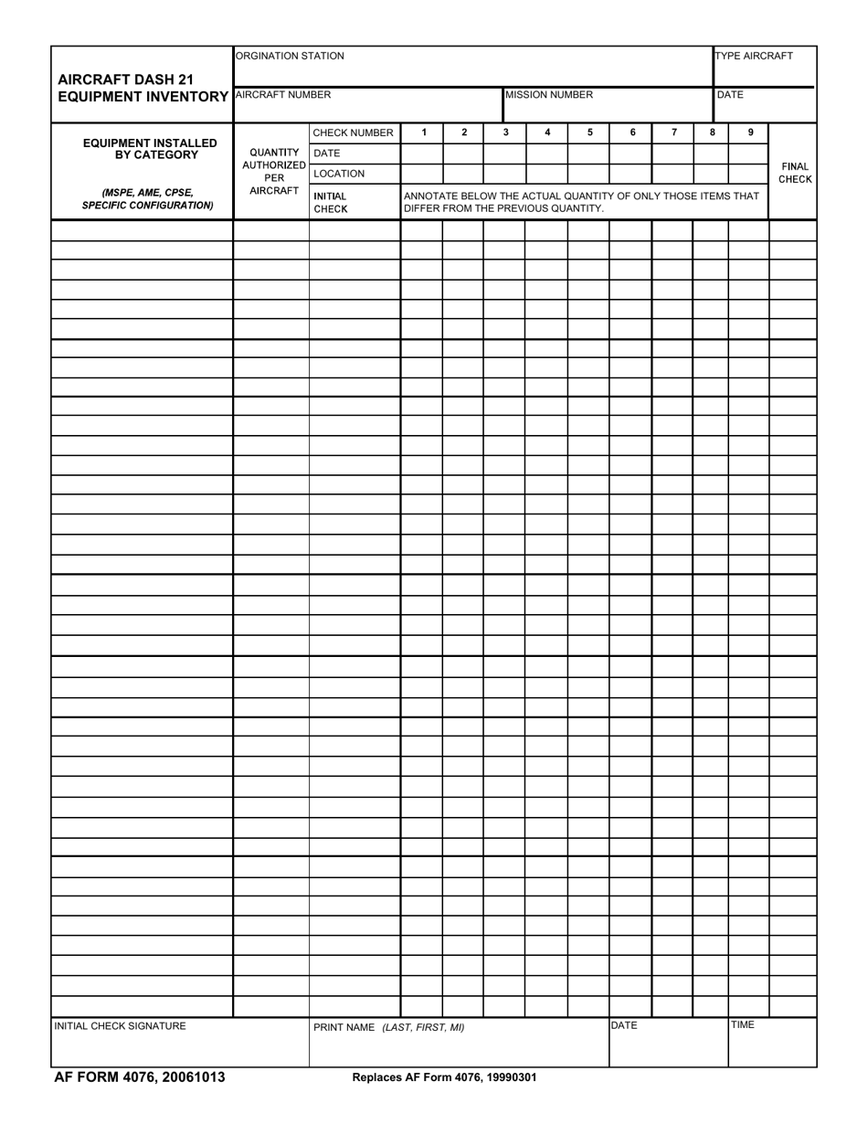 AF Form 4076 Aircraft Dash 21 Equipment Inventory, Page 1