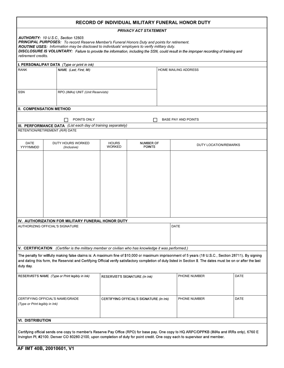 AF IMT Form 40B Record of Individual Military Funeral Honor Duty, Page 1