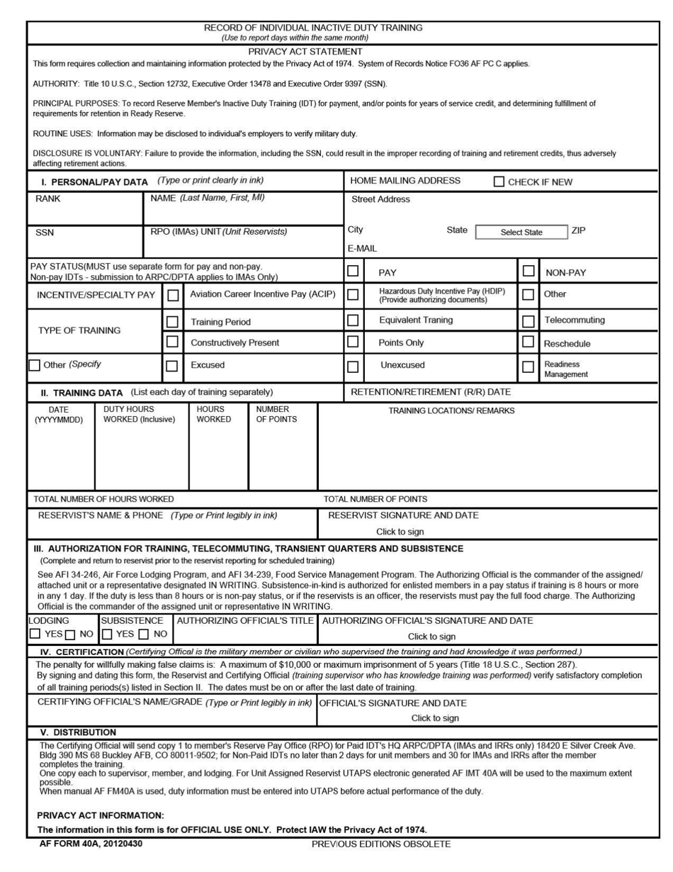 AF Form 40A Record of Individual Inactive Duty Training, Page 1