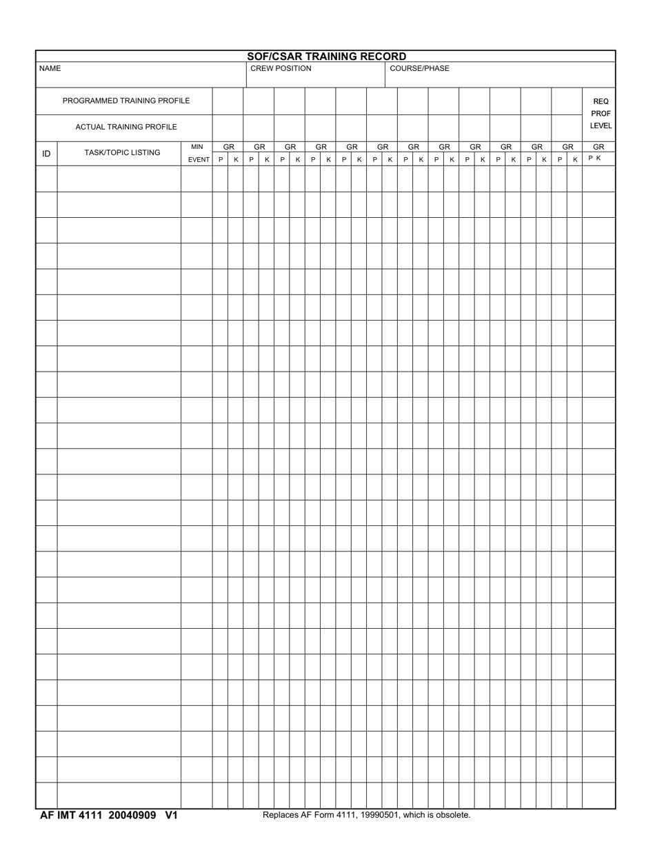 AF IMT Form 4111 Sof / Csar Training Record, Page 1
