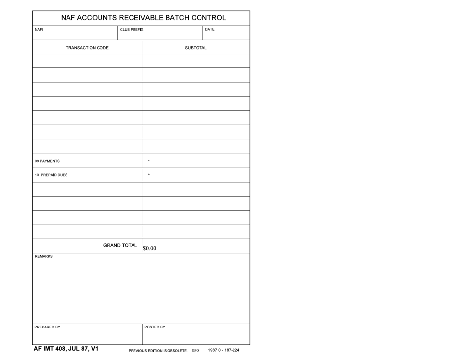 AF IMT Form 408 NAF Accounts Receivable Batch Control, Page 1