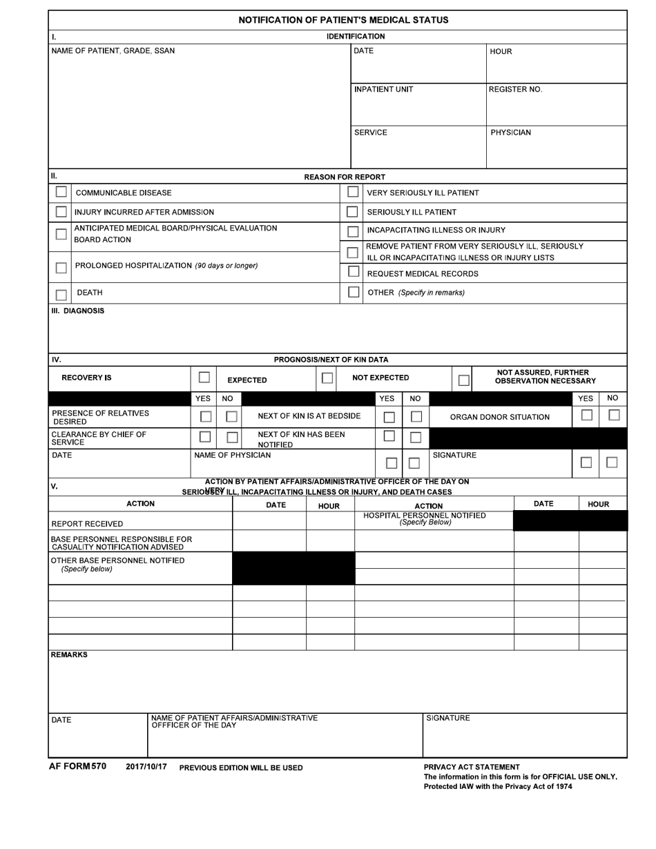 AF Form 570 Notification of Patient's Medical Status, Page 1