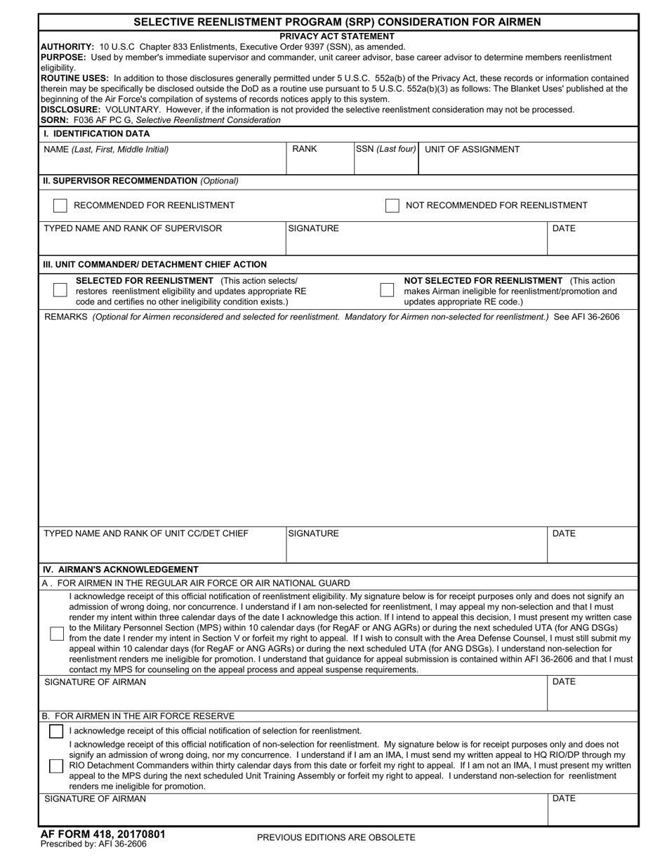 AF Form 418 Selective Reenlistment Program (SRP) Consideration for Airmen, Page 1