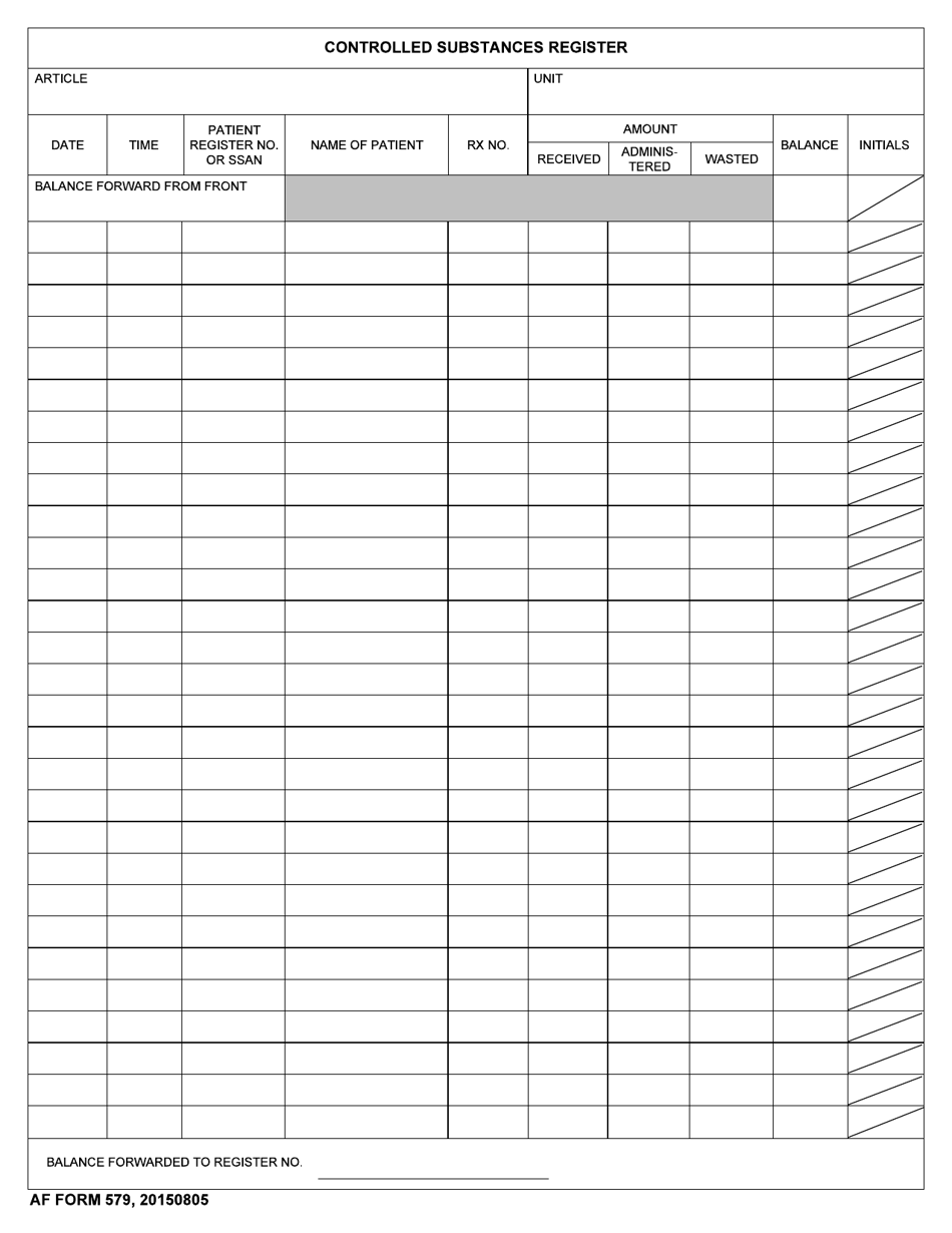 AF Form 579 Controlled Substances Register, Page 2