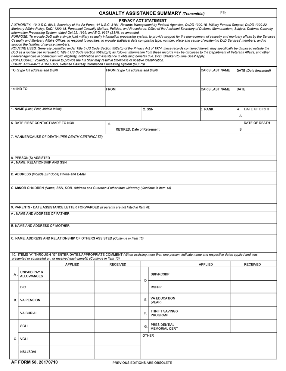 AF Form 58 Casualty Assistance Summary (Transmittal), Page 1