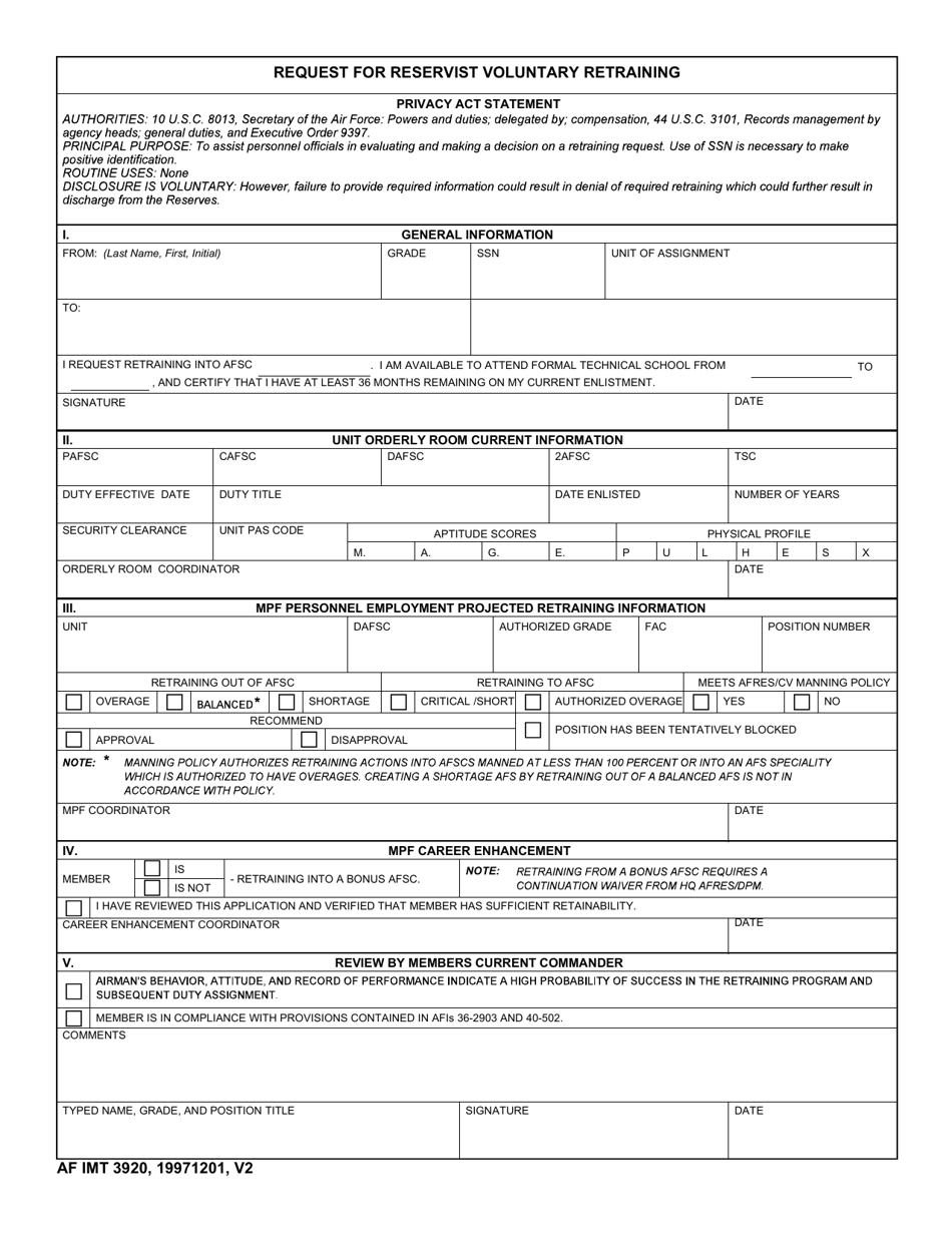AF IMT Form 3920 Request for Reservist Voluntary Retraining, Page 1
