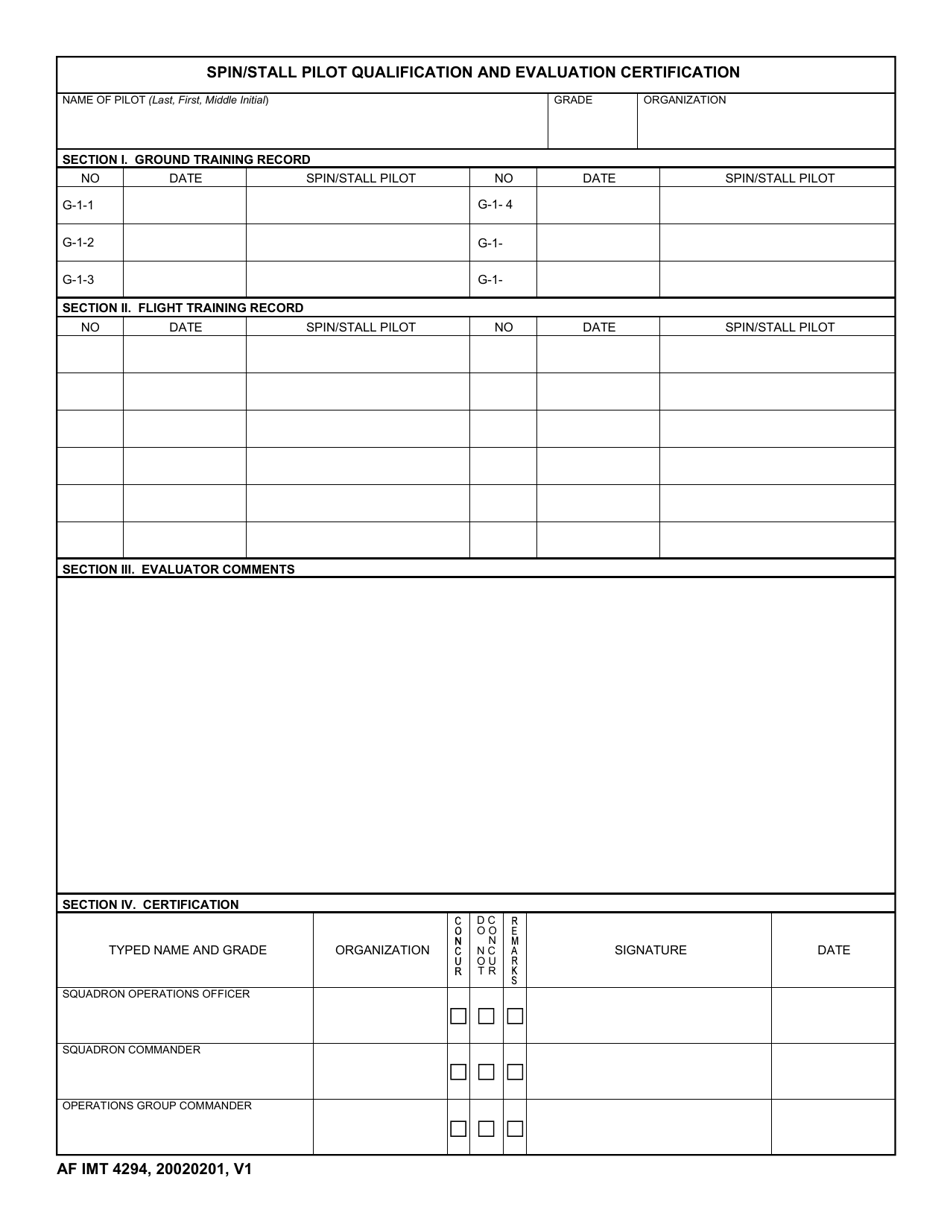 AF IMT Form 4294 Spin / Stall Pilot Qualification and Evaluation Certification, Page 1