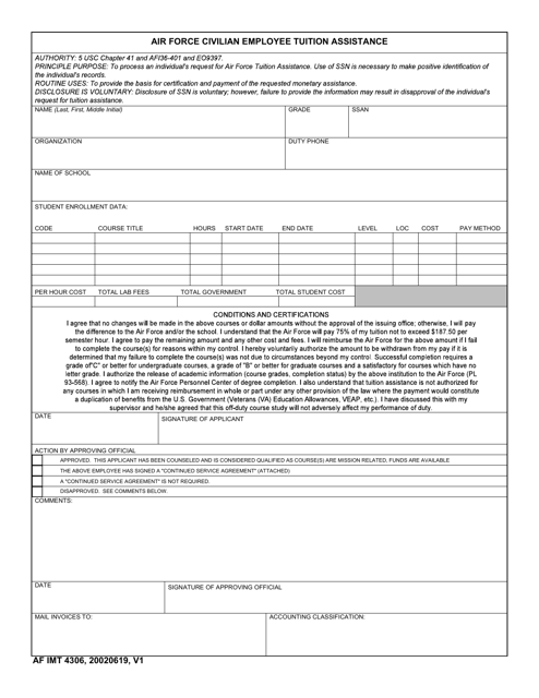 AF IMT Form 4306 Air Force Civilian Employee Tuition Assistance