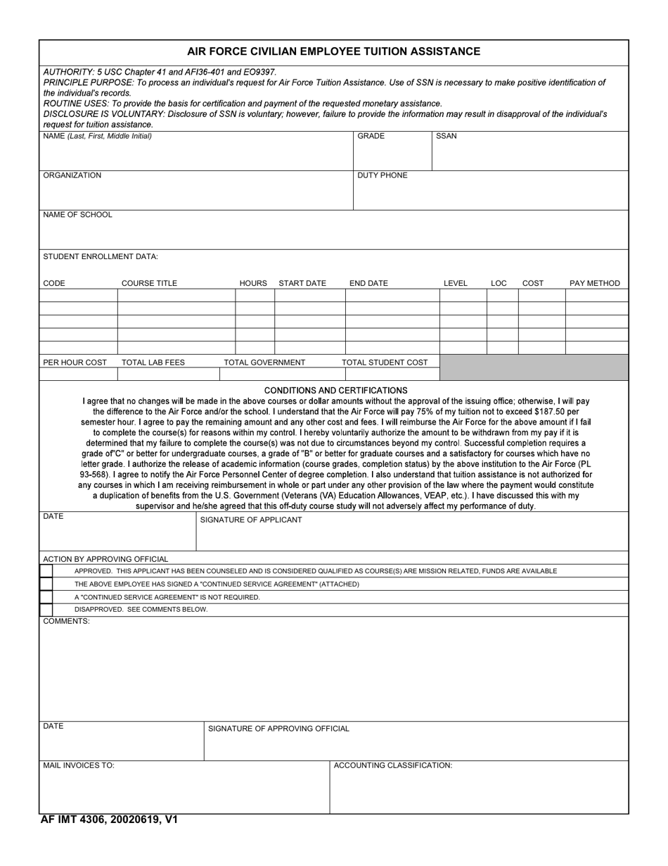 AF IMT Form 4306 Air Force Civilian Employee Tuition Assistance, Page 1