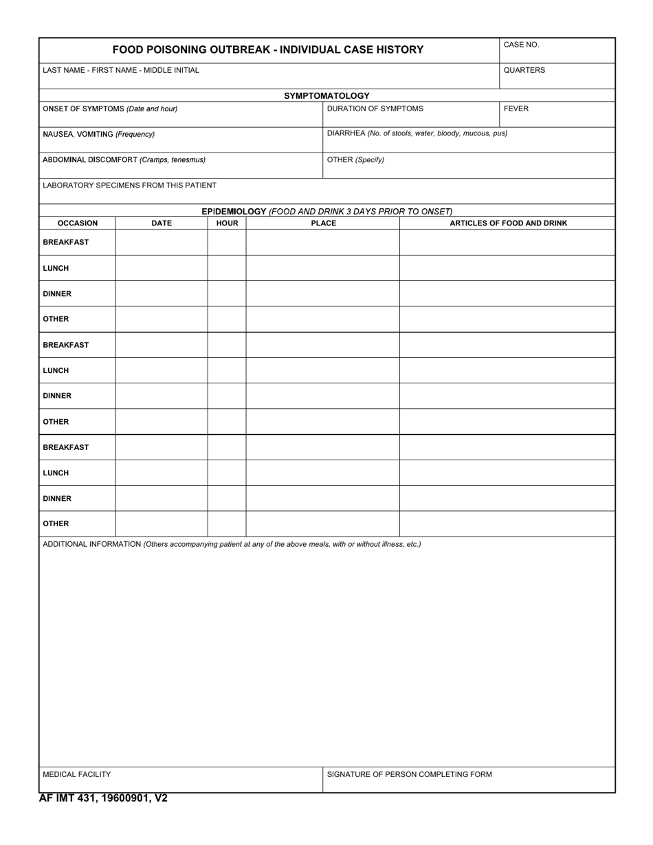 AF IMT Form 431 Food Poisoning Outbreak - Individual Case History, Page 1
