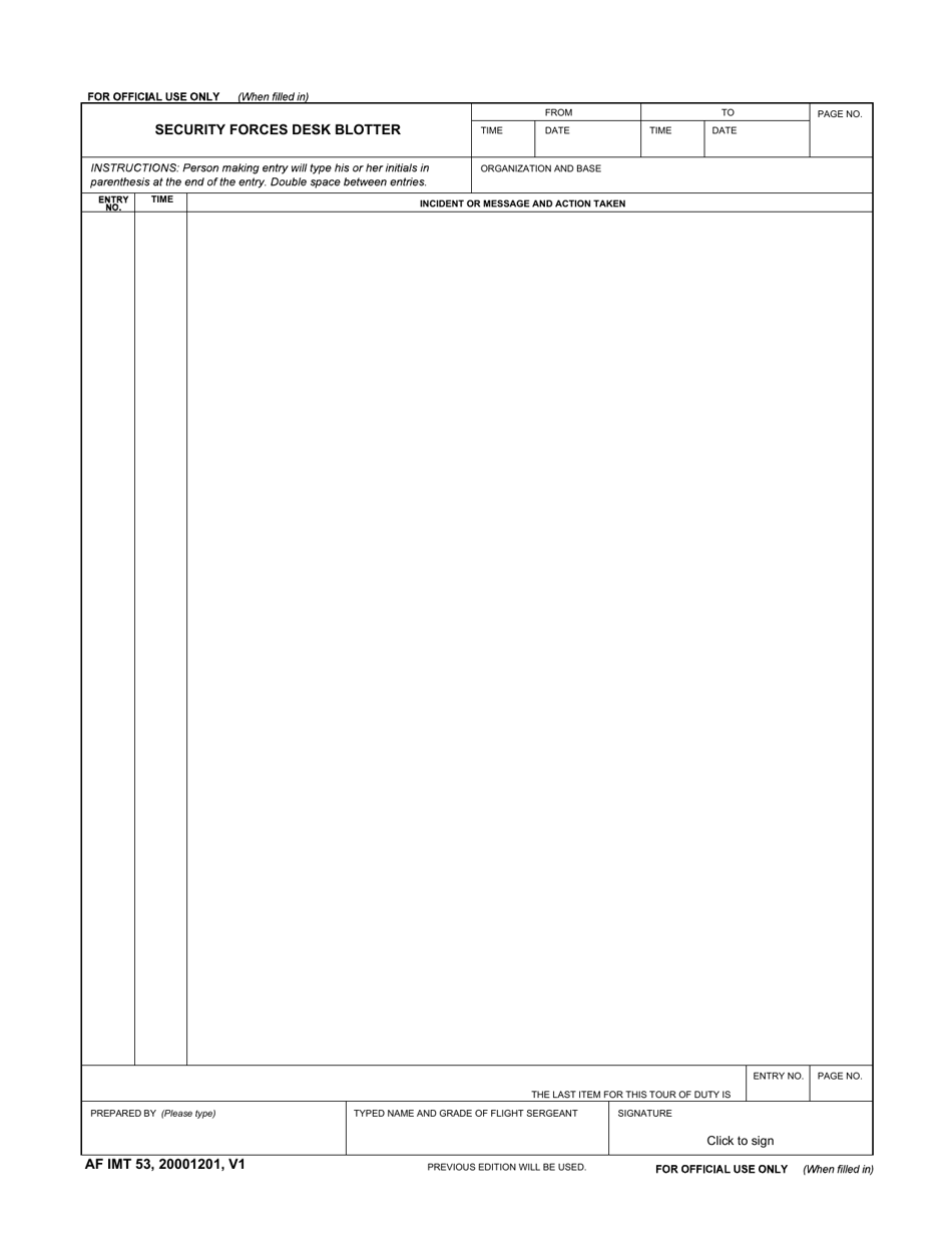 AF IMT Form 53 Security Force Desk Blotter, Page 1