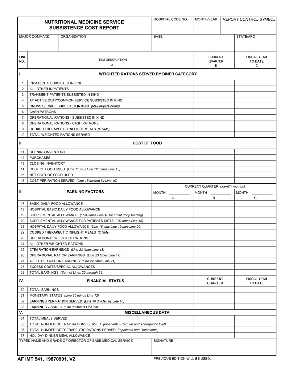 AF IMT Form 541 Nutritional Medicine Service Subsistence Cost Report, Page 1