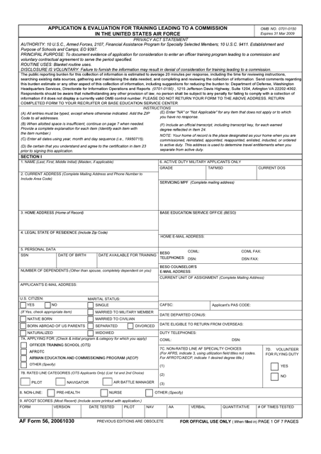 AF Form 56 Application & Evaluation for Training Leading to a Commission in the United States Air Force