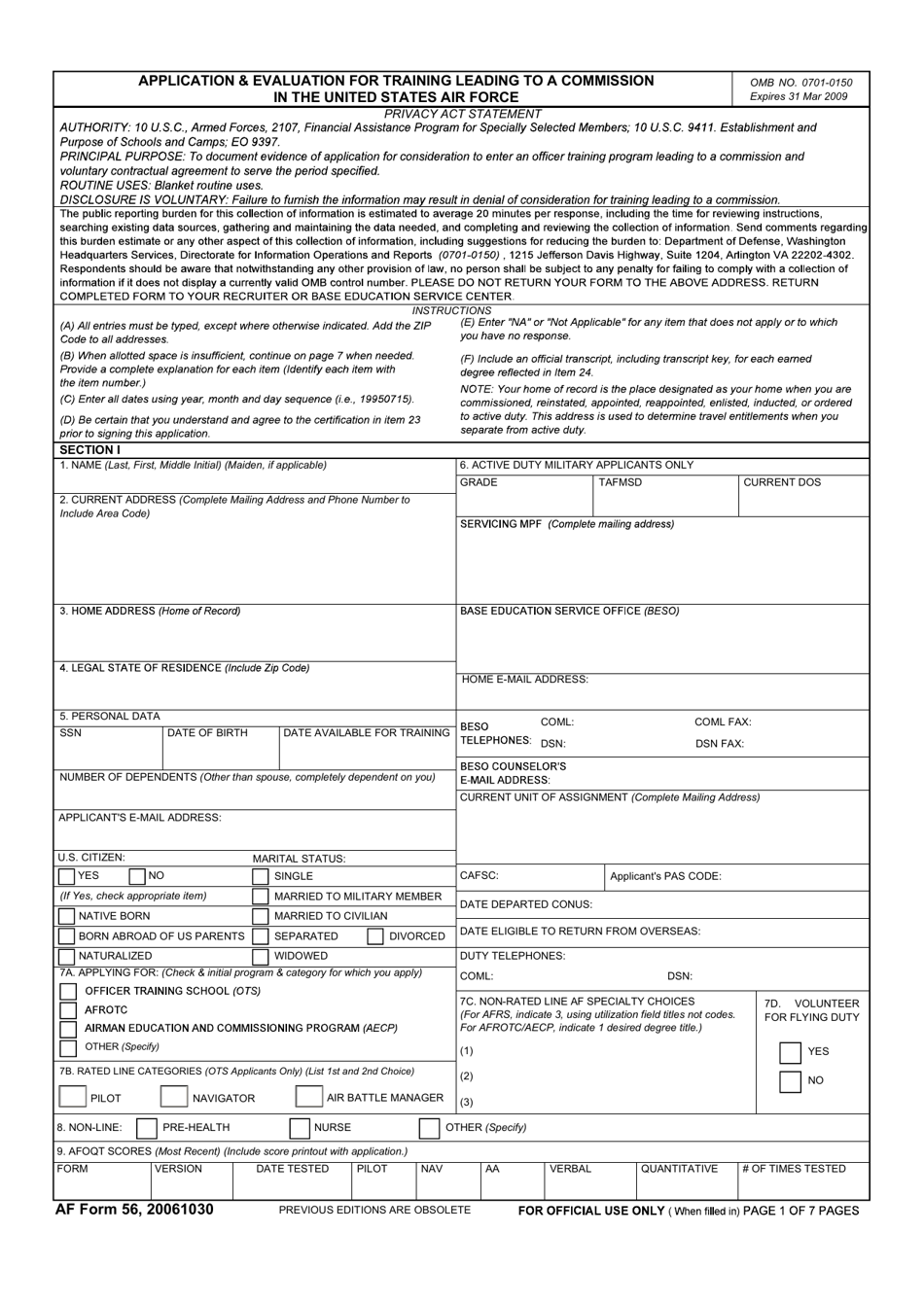 AF Form 56 Application  Evaluation for Training Leading to a Commission in the United States Air Force, Page 1