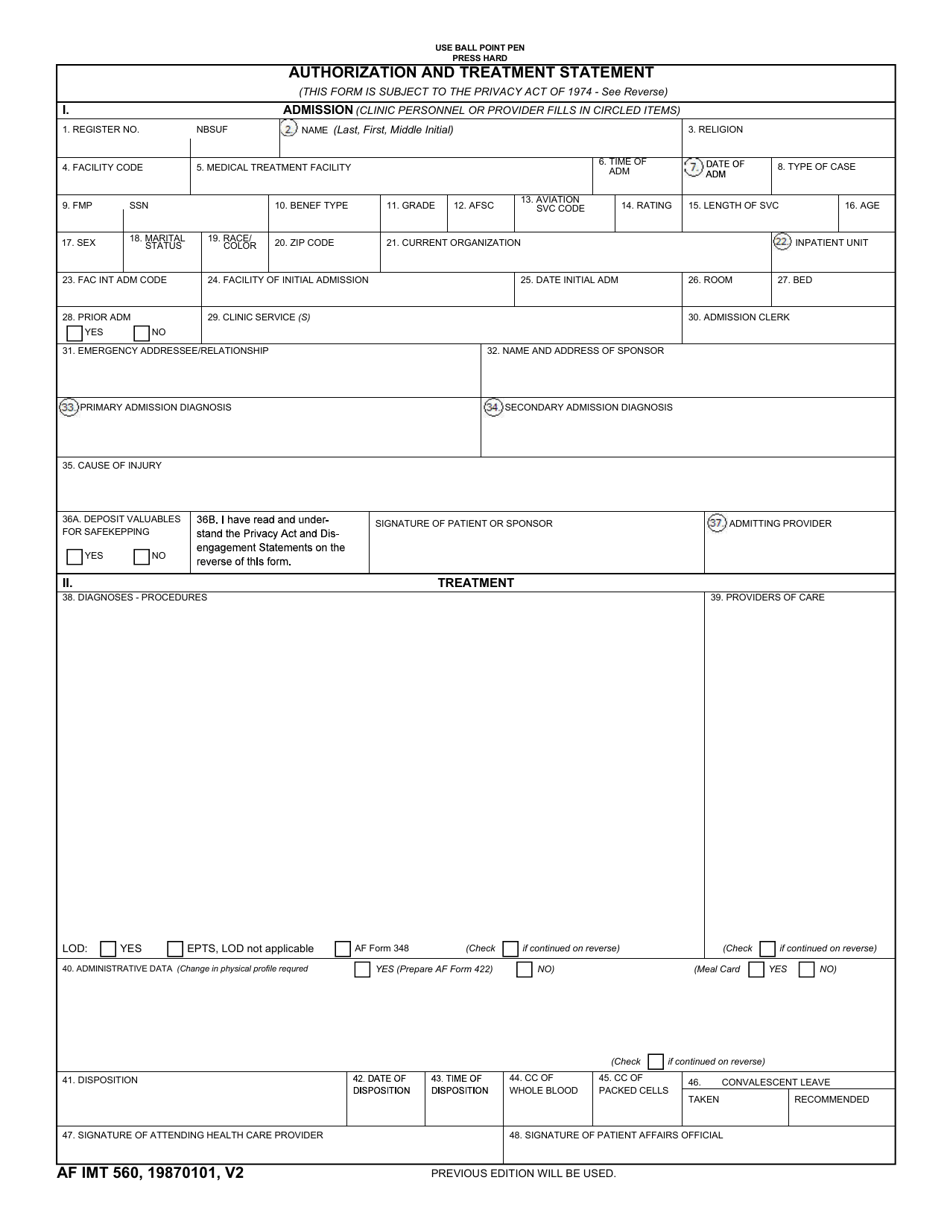 AF IMT Form 560 Authorization and Treatment Statement, Page 1