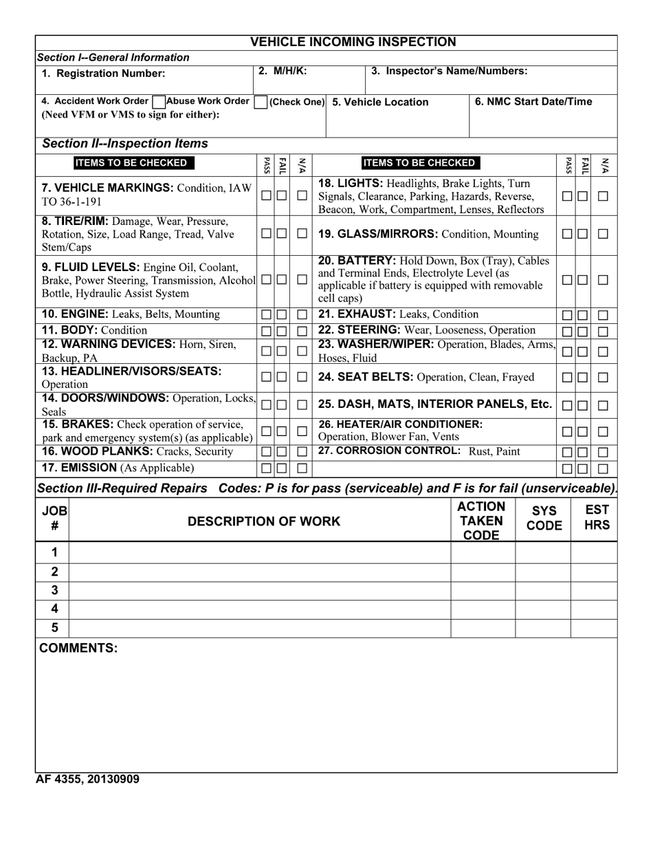AF Form 4355 Vehicle Incoming Inspection, Page 1