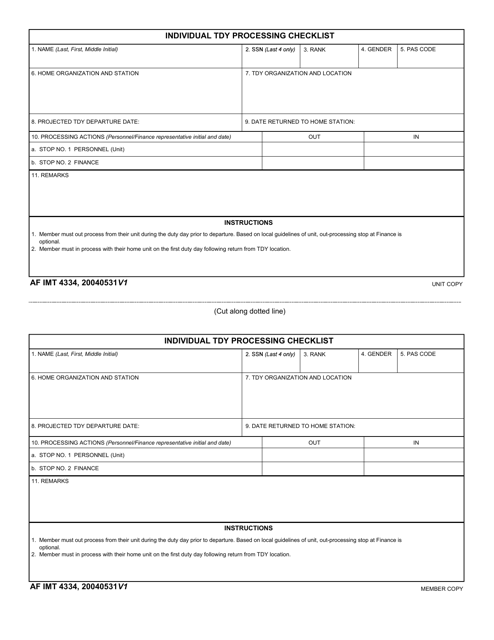 AF IMT Form 4334 Individual TDY Processing Checklist
