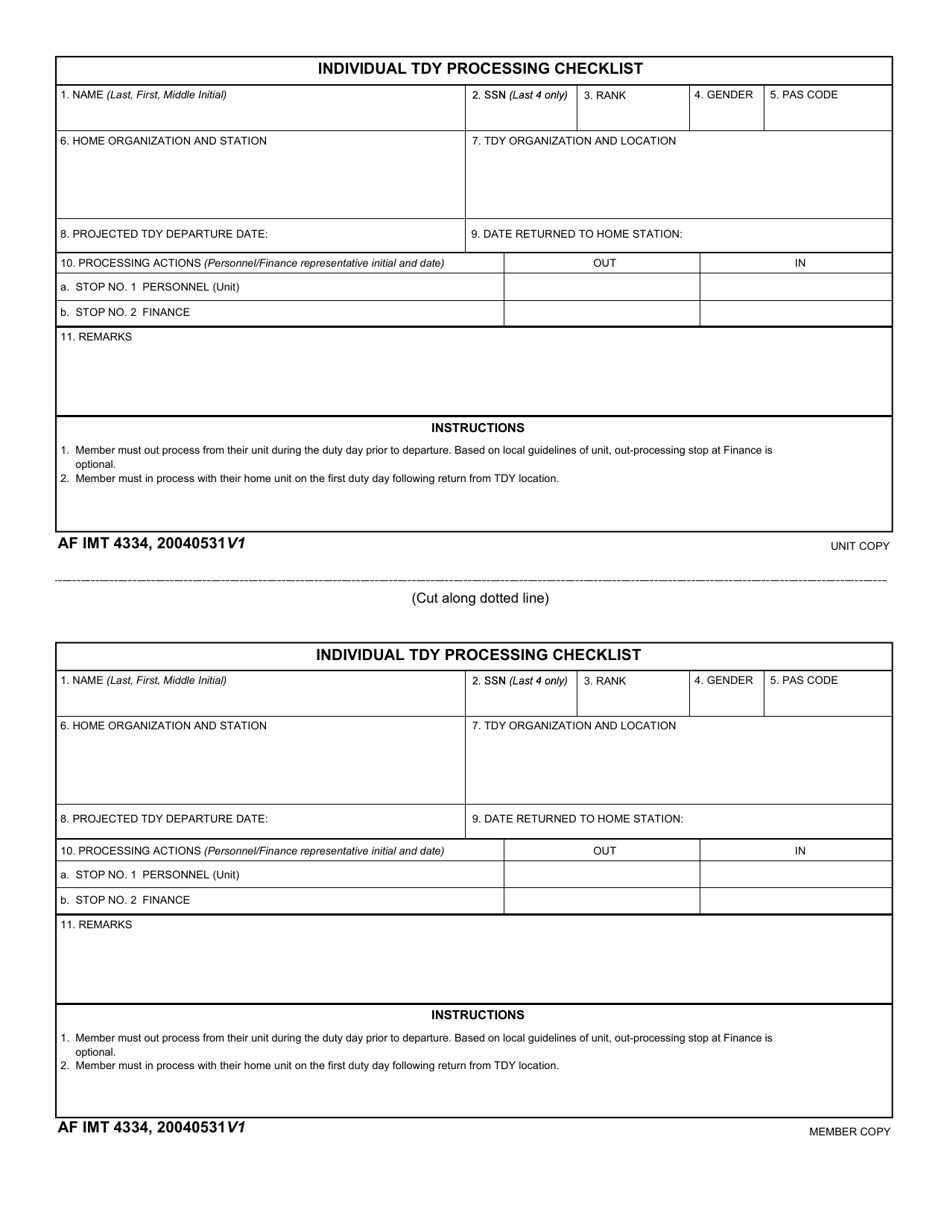 AF IMT Form 4334 Individual TDY Processing Checklist, Page 1