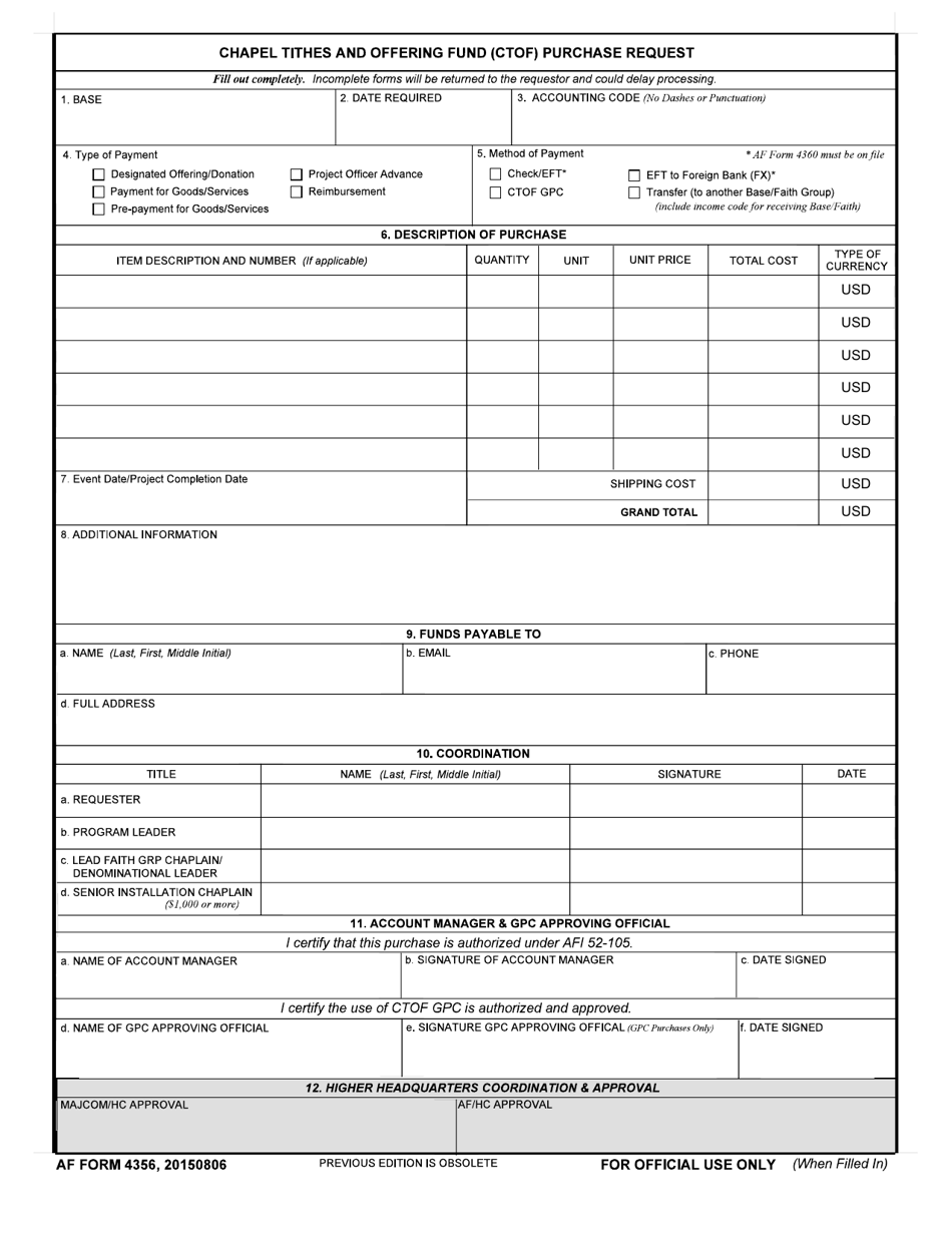 AF Form 4356 Chapel Tithes and Offering Fund (Ctof) Purchase Request, Page 1