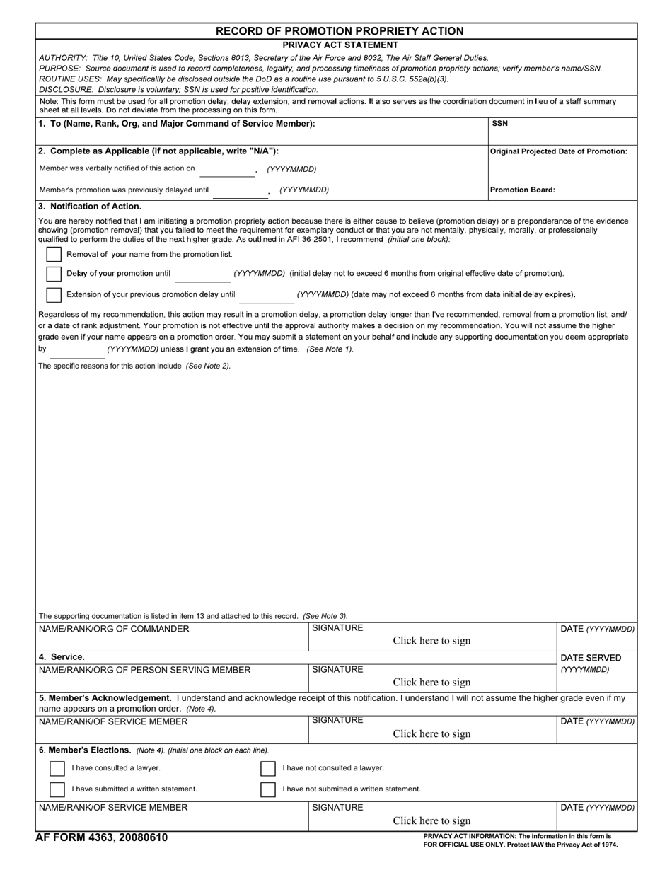AF Form 4363 Record of Promotion Propriety Action, Page 1