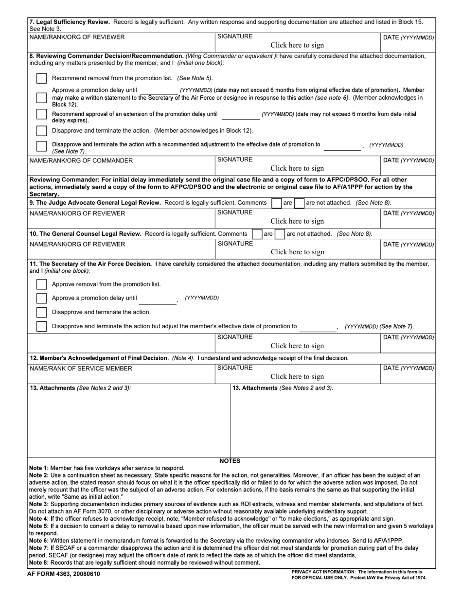 AF Form 4363 Record of Promotion Propriety Action, Page 2