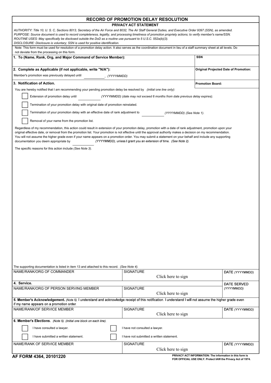 AF Form 4364 Record of Promotion Delay Resolution, Page 1