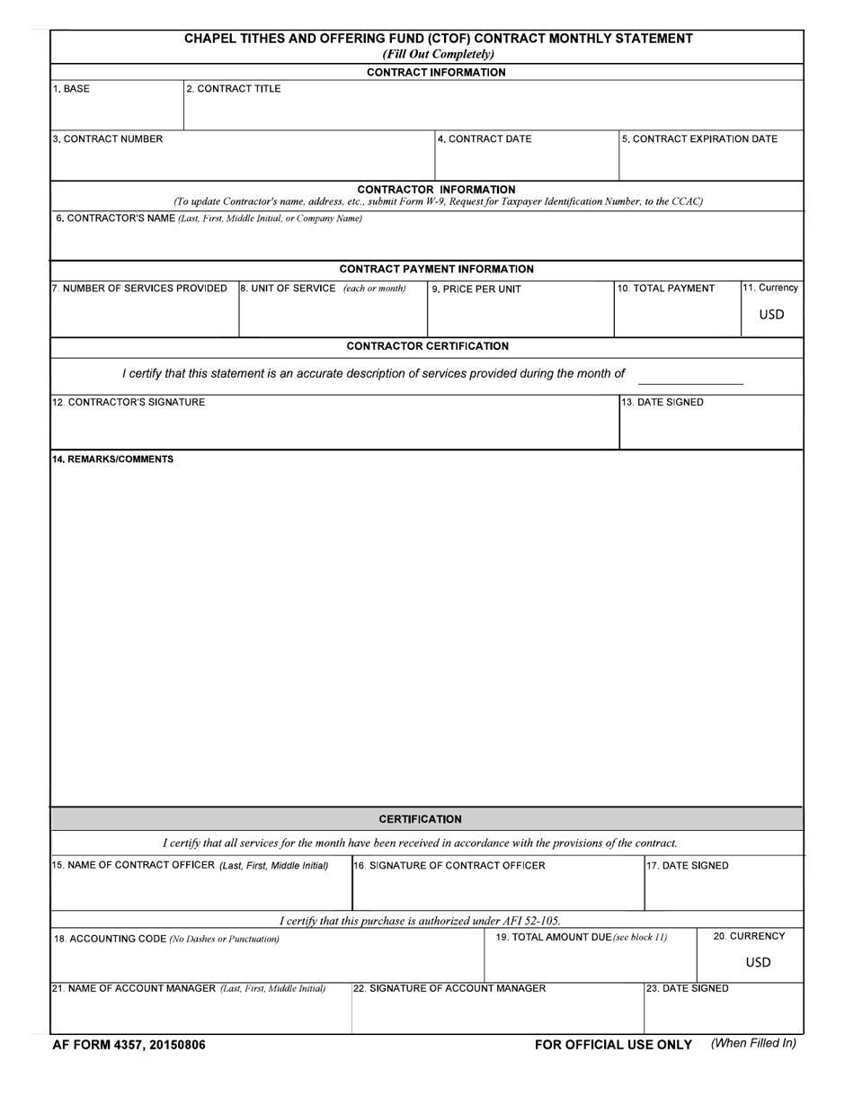 AF Form 4357 Chapel Tithes and Offering Fund (Ctof) Contract Monthly Statement, Page 1
