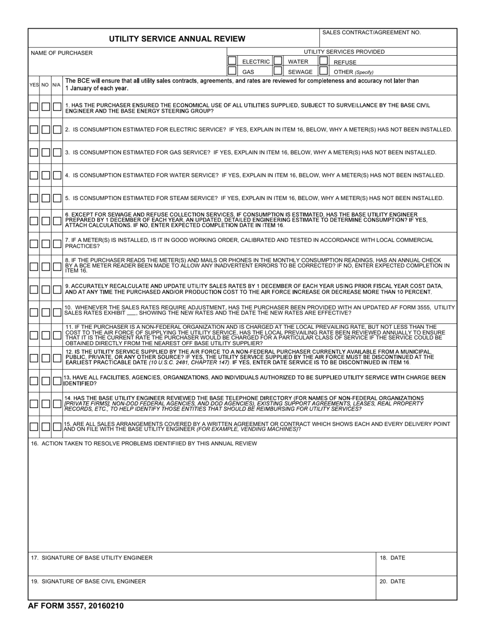 AF Form 3557 Utility Service Annual Review, Page 1