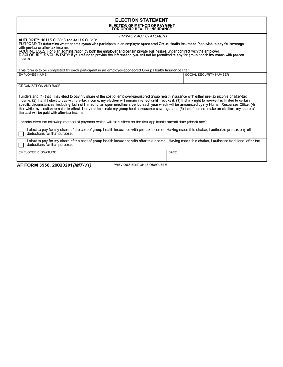 AF Form 3558 Election Statement, Page 1