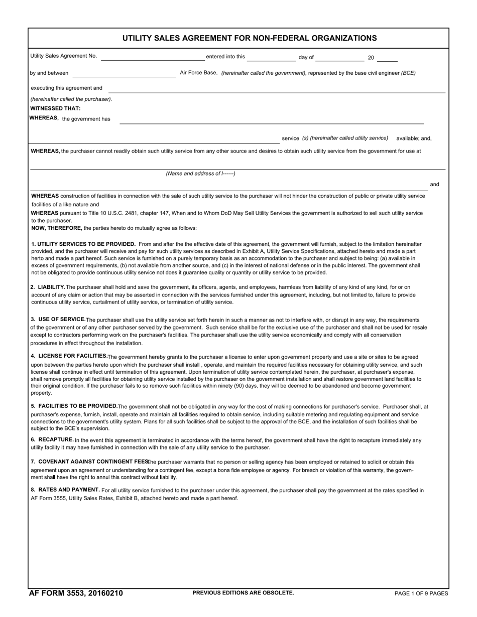 AF Form 3553 Utility Sales Agreement for Non-federal Organizations, Page 1