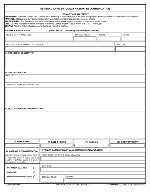 AF Form 3559 Reserve Assignment Recommendation