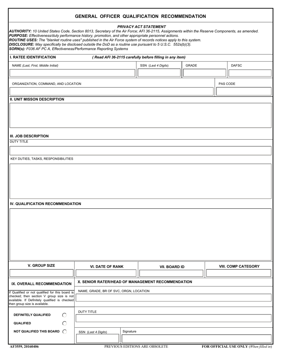 AF Form 3559 Reserve Assignment Recommendation, Page 1