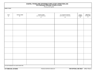 Document preview: AF Form 4365 Chapel Tithes and Offering Fund (Ctof) Donation Log