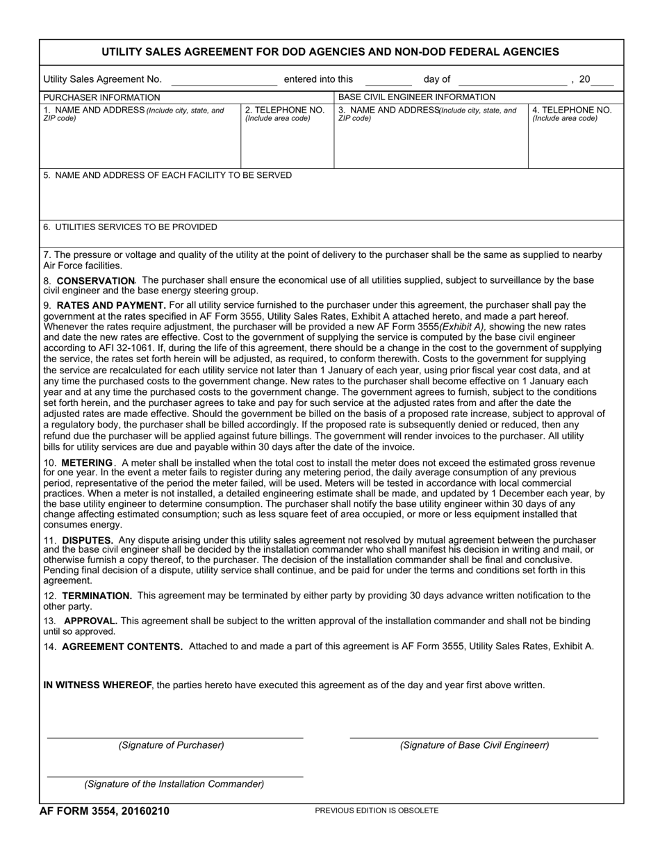 AF Form 3554 Utility Sales Agreement for DoD Agencies and Non-federal Agencies, Page 1