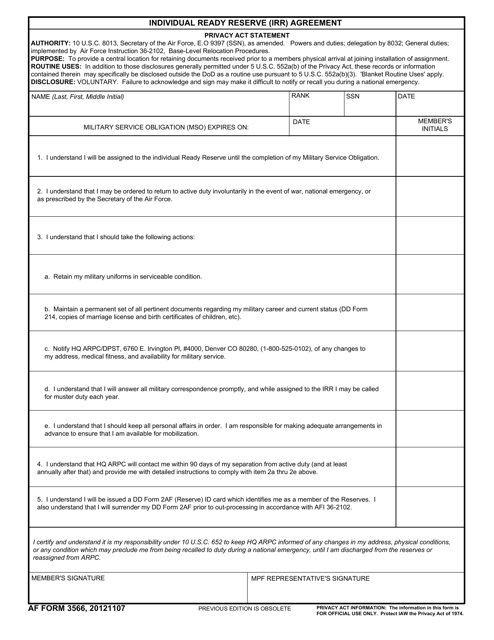 AF Form 3566 Individual Ready Reserve (Irr) Agreement