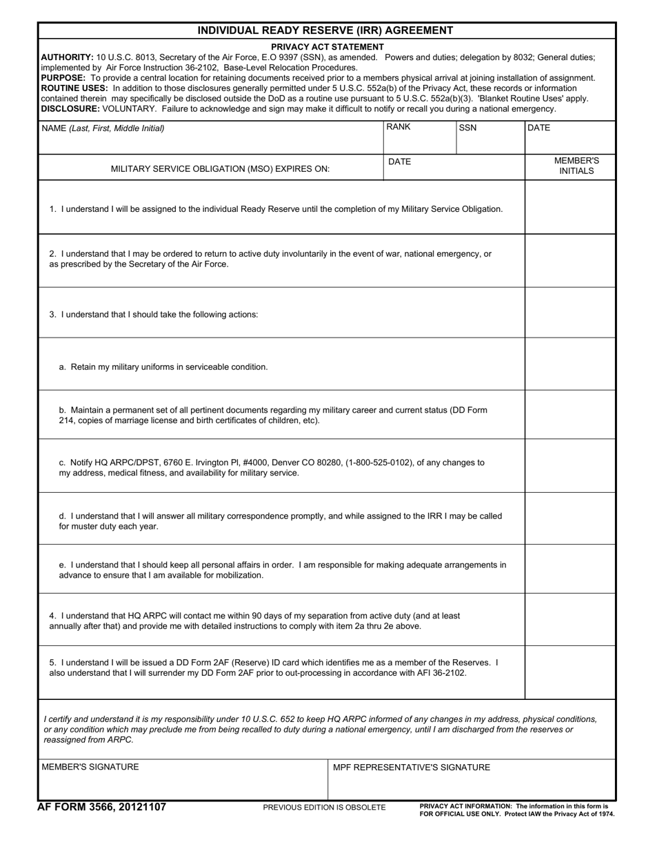 AF Form 3566 Individual Ready Reserve (Irr) Agreement, Page 1