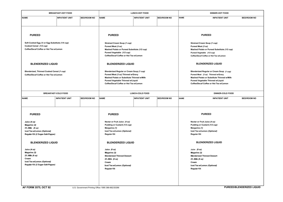 AF Form 3575 Pureed / Blenderized Liquid, Page 1