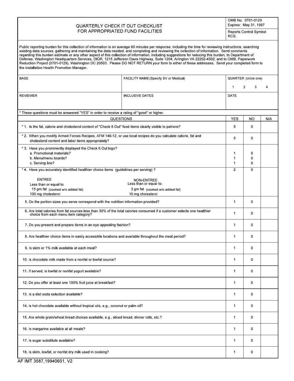 AF IMT Form 3587 Quarterly Check It out Checklist for Appropriated Fund Facilities (LRA), Page 1