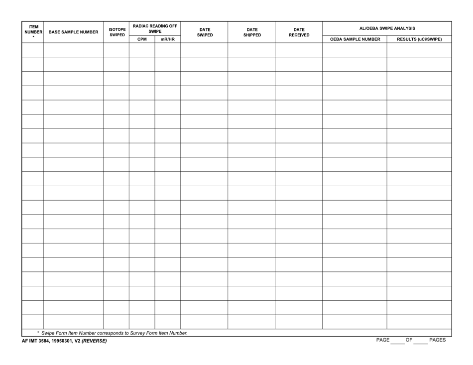 AF IMT Form 3584 USAF Museum Aerospace Vehicle Static Display / Component Radiation Swipe Log, Page 2