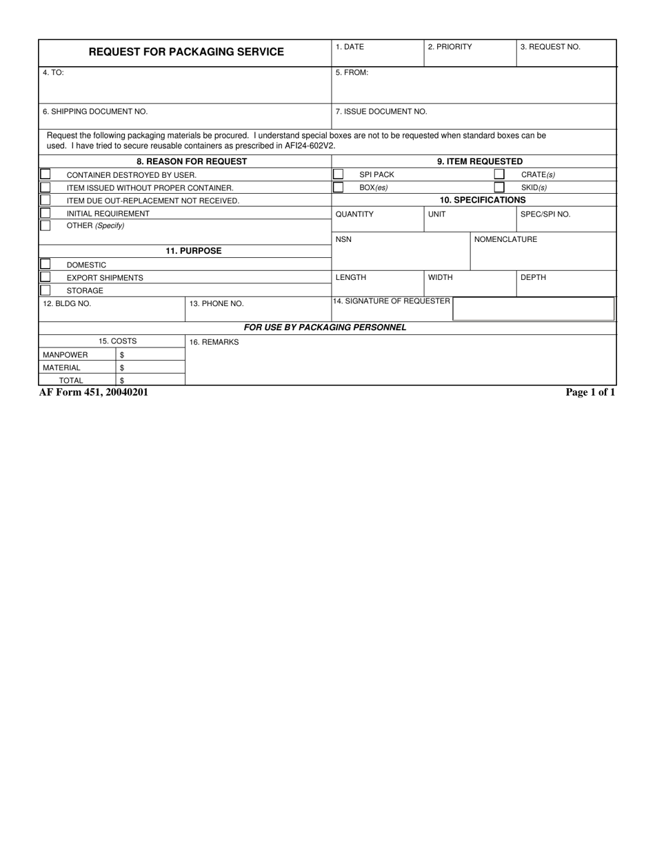 AF Form 451 Request for Packaging Service, Page 1