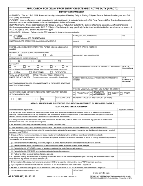 AF Form 477 Application for Delay From Entry on Extended Active Duty (AFROTC)