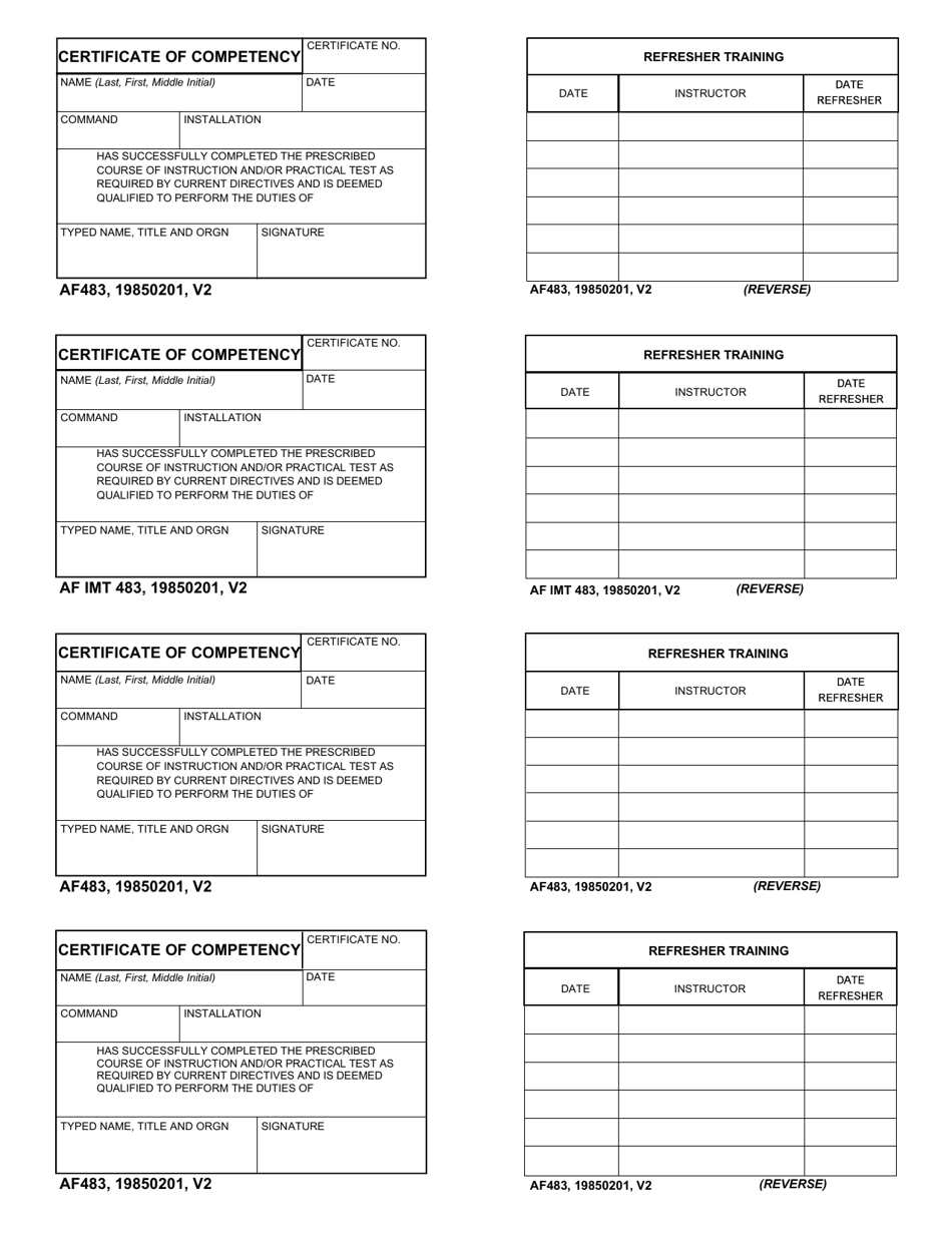 AF IMT Form 483 Certificate of Competency, Page 1