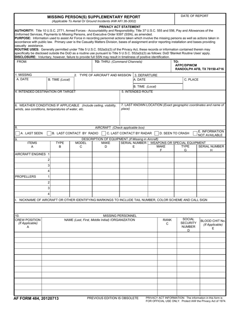 AF Form 484 Missing Person(s) Supplementary Report