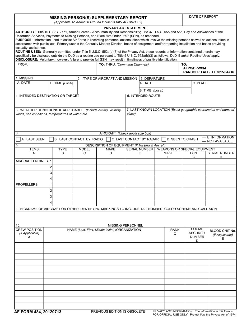 AF Form 484 Missing Person(s) Supplementary Report, Page 1
