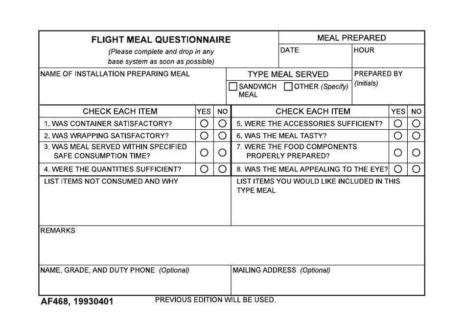 AF Form 468 Flight Meal Questionnaire, Page 1
