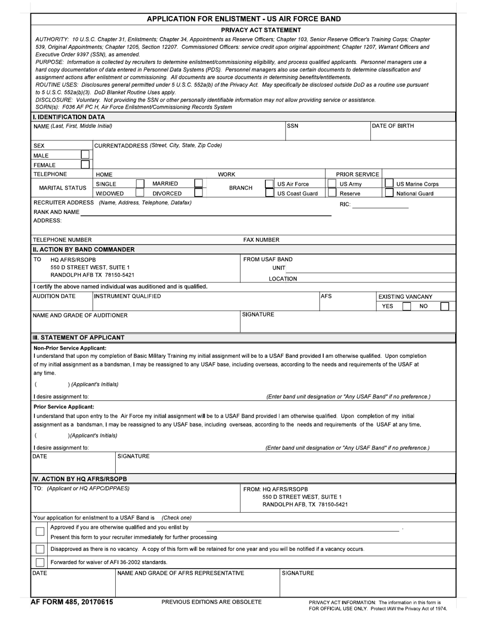 AF Form 485 Application for Enlistment - US Air Force Band, Page 1