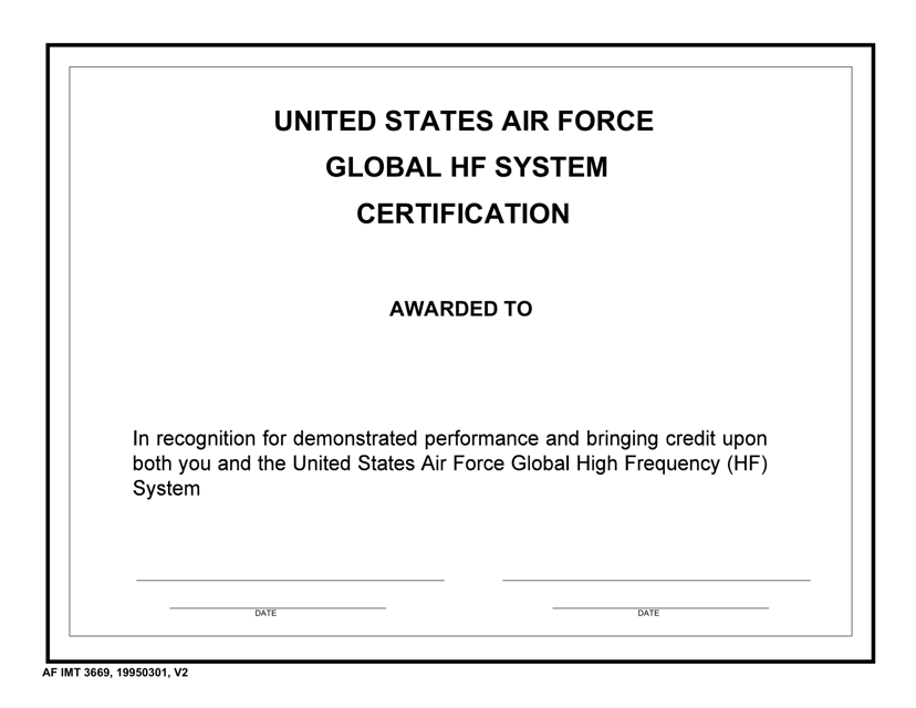 AF IMT Form 3669 United States Air Force Global Hf System Certification