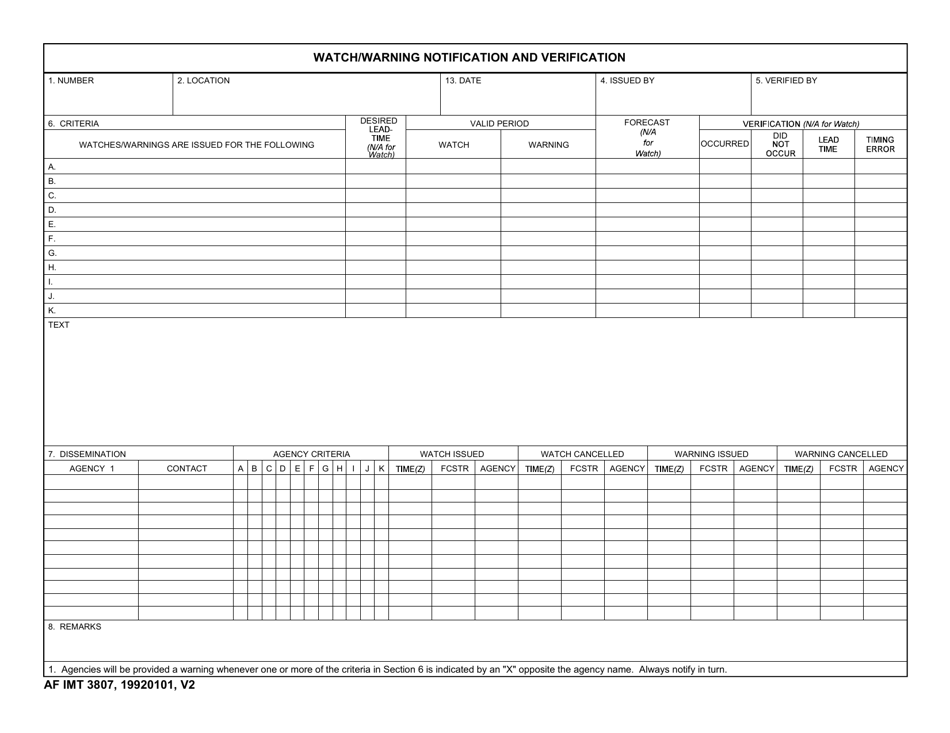 AF IMT Form 3807 Watch / Warning Notification and Verification, Page 1